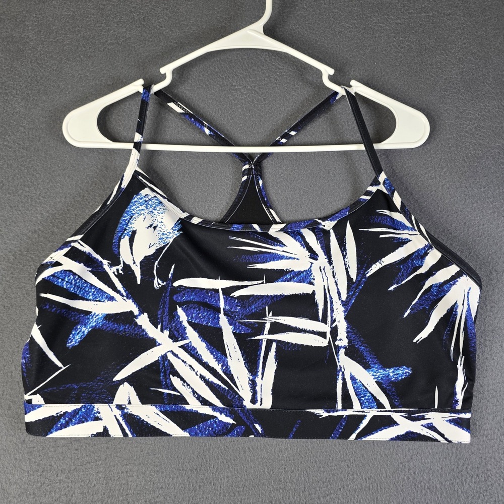Fabletics Sports Bra Women 2X Blue Black Palm Leaf Strappy Back Activewear